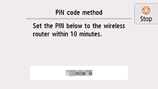 PIN code method screen: Set the PIN below to the wireless router within 10 minutes.
