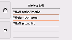 LAN settings screen: Select Wireless LAN setup