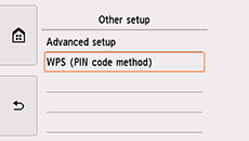 Pantalla Otra configuración: Seleccionar WPS (método de código PIN)