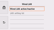 Pantalla LAN cableada: Seleccionar LAN cableada activa/inactiva