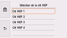 Écran de sélection de la clé WEP
