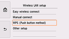 Layar Pengesetan LAN nirkabel: Pilih WPS (Metode tombol tekan)