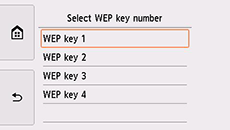 Layar pilihan nomor kunci WEP