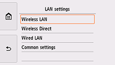 Schermata Impostazioni LAN: Selezionare LAN wireless