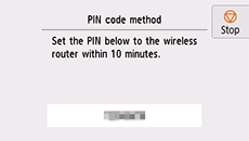 Schermata Metodo codice PIN: Impostare il seguente PIN nel router wireless entro 10 minuti.