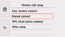 Schermata Impostazione LAN wireless: Selezionare Connessione manuale