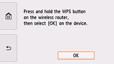 Экран «Способ нажатия кнопки»: Нажмите и удерживайте кнопку WPS на маршрутизаторе беспроводной сети, а затем выберите OK на устройстве.