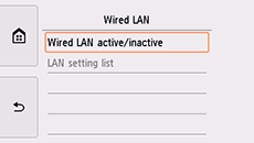 Obrazovka Káblová sieť LAN: Vyberte možnosť Kábl. sieť LAN aktívna/neaktívna