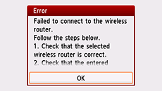 Hata ekranı: Kablosuz yönlendiricisiyle bağlantı kurulamadı.