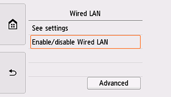 Pantalla LAN cableada: seleccionar Act./des. LAN cabl.