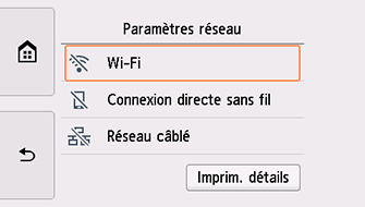 Écran Paramètres réseau : sélectionnez Wi-Fi