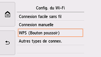 Écran Configuration Wi-Fi : sélectionnez WPS (Bouton pouss.)