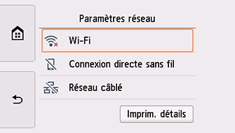 Écran Paramètres réseau : sélectionnez Wi-Fi