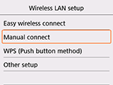 Wireless LAN setup screen: Select Manual connect