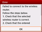 Pantalla de error: Error al conectar con el router inalámbrico.