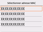 Ecran de sélection de l'adresse Mac