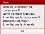 Écran d'erreur : Echec de la connexion au routeur sans fil.