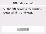 Schermata Metodo codice PIN: Impostare il seguente PIN nel router wireless entro 10 minuti.
