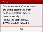 Schermata di errore: Impossibile effettuare il collegamento. Tentativo di connessione simultanea da più router wireless.