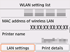 Het scherm met de lijst voor draadloze LAN-instellingen