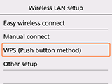 Obrazovka Nastavenie bezdr. siete LAN: výber položky WPS (metóda stlačenia tlačidla)