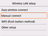 Obrazovka Nastavení bezdrát. sítě LAN: Vyberte možnost Ruční připojení