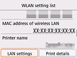 Obrazovka Seznam nastavení WLAN