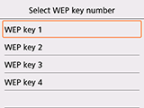 WEP key number selection screen