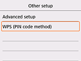 Pantalla Otra configuración: Seleccionar WPS (método de código PIN)
