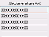 Écran de sélection de l'adresse Mac