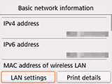 Skärmen för grundläggande nätverksinformation: Välj LAN-inställningar