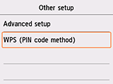 Obrazovka Jiná nastavení: Vyberte možnost WPS (metoda pomocí kódu PIN)