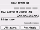 Skærm med trådløst LAN-indstillingsliste