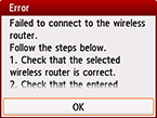 Fehlerbildschirm: Herstellen der Verbindung zum Wireless Router fehlgeschlagen.
