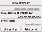 Ekran Lista ustawień WLAN