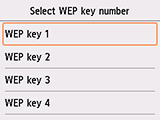 WEP key number selection screen