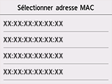 Écran de sélection de l'adresse Mac