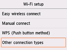 Pantalla Configuración Wi-Fi: seleccionar Otros tipos de conexión