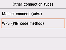 Pantalla Otros tipos de conexión: seleccionar WPS (método de código PIN)