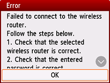 Pantalla de error: Error al conectar con el router inalámbrico.