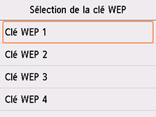 Écran Sélection de la clé WEP