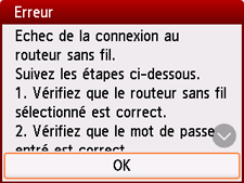 Écran Erreur : Echec de la connexion au routeur sans fil.