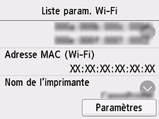 Écran Liste param. Wi-Fi