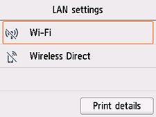 Schermata Impostazioni LAN: Selezionare Wi-Fi