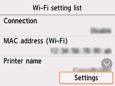 Schermata Elenco Impostazioni Wi-Fi: Selezionare Impostaz.
