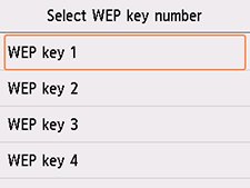 Schermata Seleziona numero chiave WEP