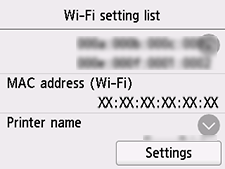Schermata Elenco Impostazioni Wi-Fi