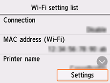 Skjermbildet Innstillingsliste for Wi-Fi: Velg Innstillinger