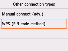 Tela Outros tipos de conexão: Selecione WPS (Método código de PIN)
