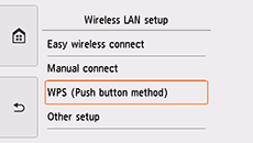 Obrazovka Nastavení bezdrát. sítě LAN: Vyberte možnost WPS (metoda pomocí tlačítka)